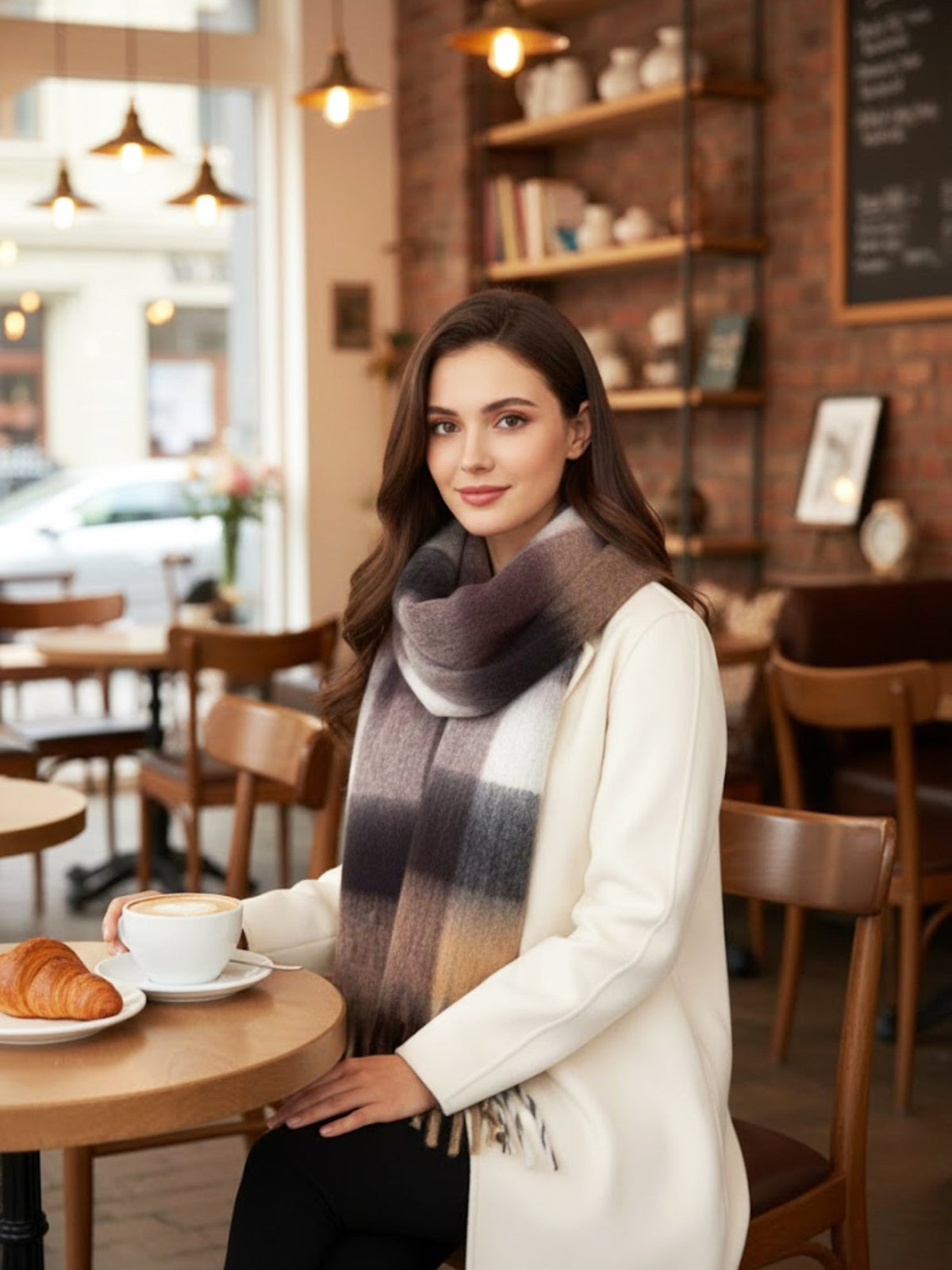 Stay Warm in Style with the Coffee Mocha Checked Wool Rainbow Blanket Scarf