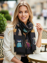 BLACK COTTON BLEND CAT PRINT LIGHTWEIGHT SCARF