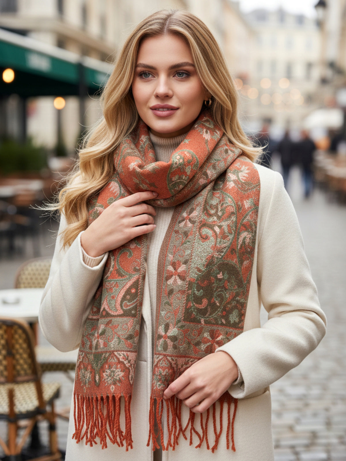 LARGE REVERSIBLE ORANGE GREEN PAISLEY WINTER SHAWL BLANKET SCARF