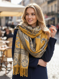 LARGE REVERSIBLE MUSTARD PAISLEY & FLORAL WINTER SHAWL BLANKET SCARF