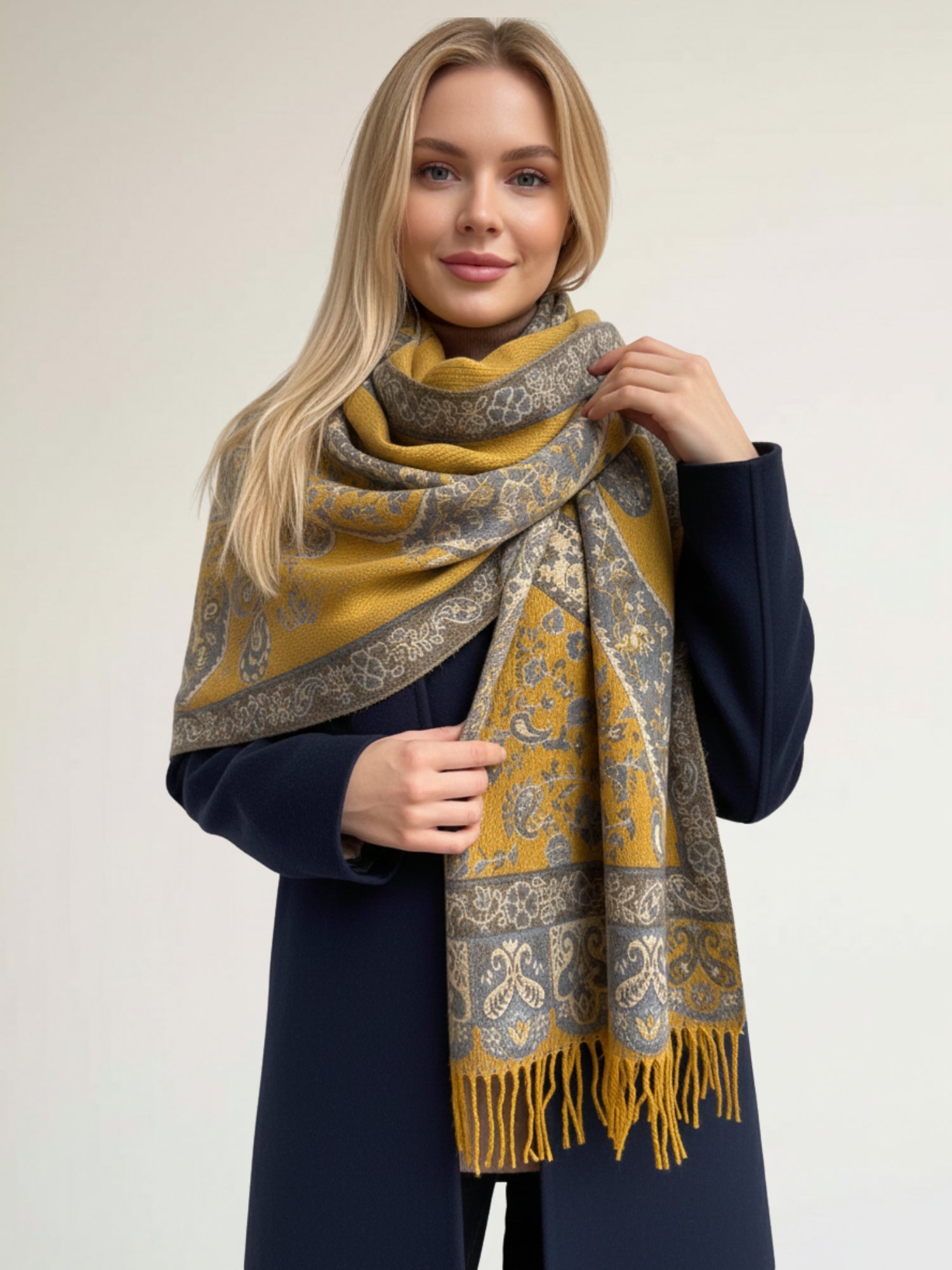 LARGE REVERSIBLE MUSTARD PAISLEY & FLORAL WINTER SHAWL BLANKET SCARF