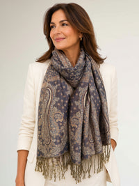 LARGE GREY REVERSIBLE MULTI COLOUR PAISLEY PRINT PASHMINA SHAWL SCARF WRAP - A-SHU.CO.UK