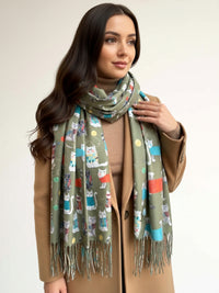 OLIVE GREEN QUIRKY CAT PRINT LONG LIGHTWEIGHT SCARF