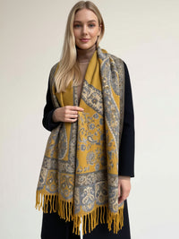 LARGE REVERSIBLE MUSTARD PAISLEY & FLORAL WINTER SHAWL BLANKET SCARF