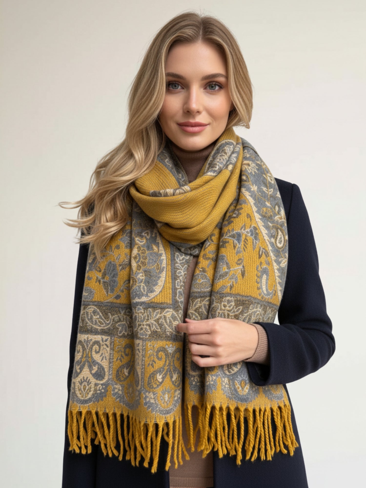 LARGE REVERSIBLE MUSTARD PAISLEY & FLORAL WINTER SHAWL BLANKET SCARF