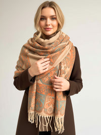 LARGE REVERSIBLE PEACH PAISLEY & FLORAL WINTER SHAWL BLANKET SCARF