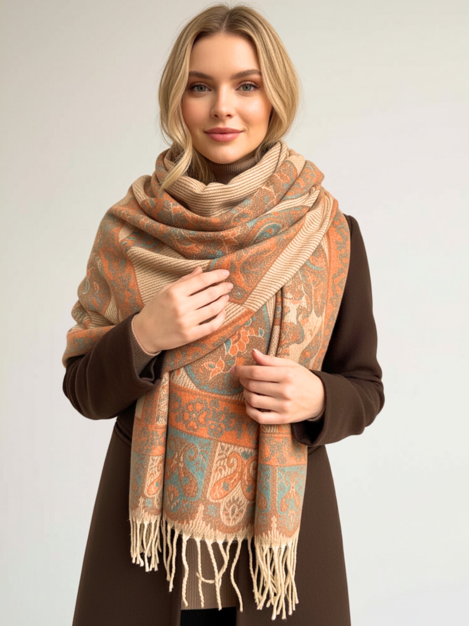LARGE REVERSIBLE PEACH PAISLEY & FLORAL WINTER SHAWL BLANKET SCARF