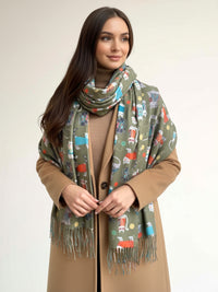 OLIVE GREEN QUIRKY CAT PRINT LONG LIGHTWEIGHT SCARF