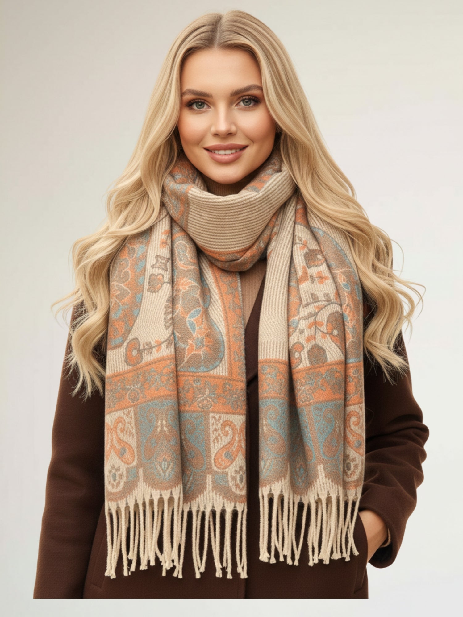 LARGE REVERSIBLE PEACH PAISLEY & FLORAL WINTER SHAWL BLANKET SCARF