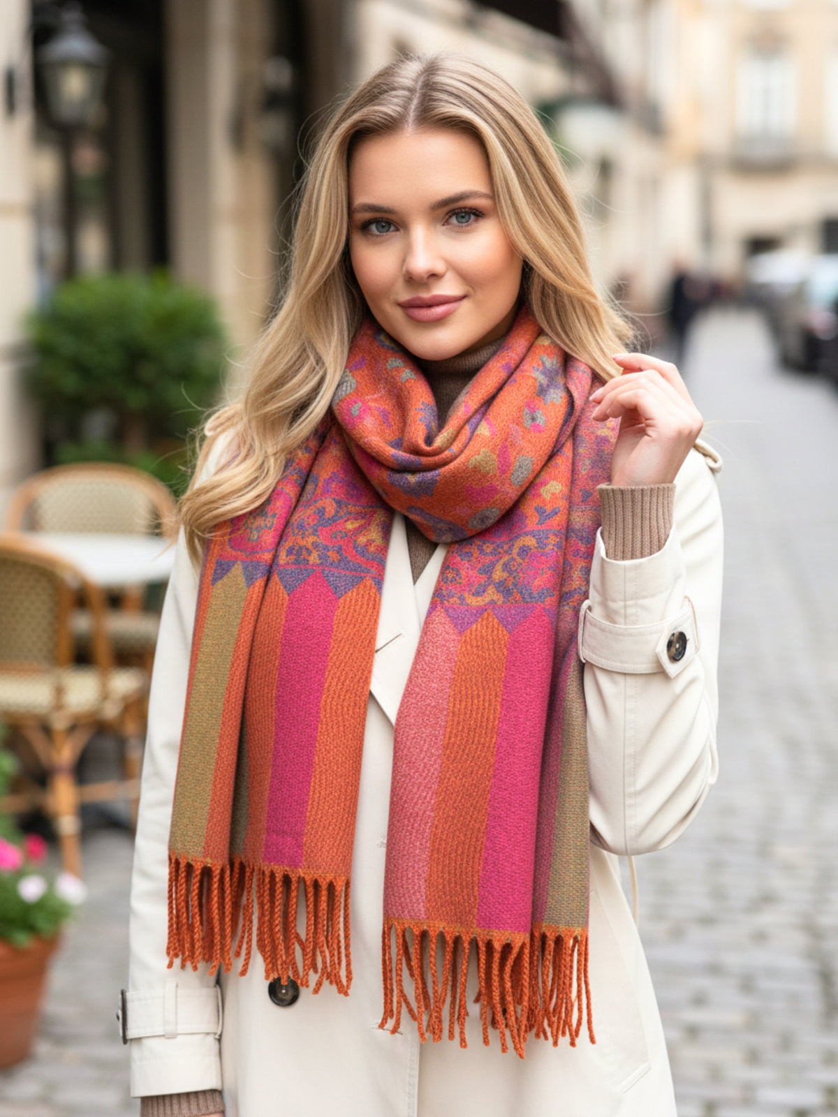 LARGE ORANGE REVERSIBLE STRIPED PAISLEY WINTER SHAWL BLANKET SCARF