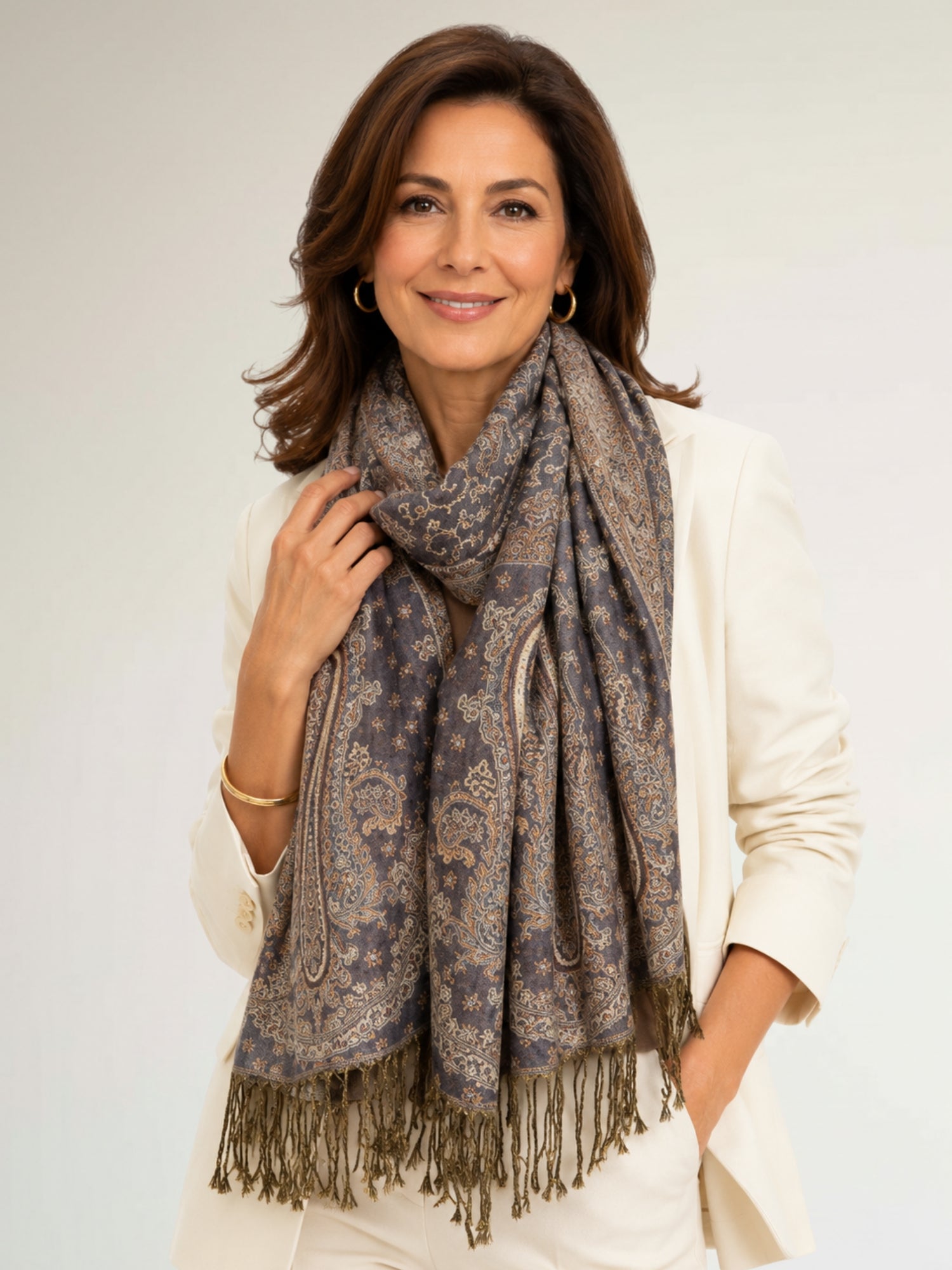 LARGE GREY REVERSIBLE MULTI COLOUR PAISLEY PRINT PASHMINA SHAWL SCARF WRAP - A-SHU.CO.UK