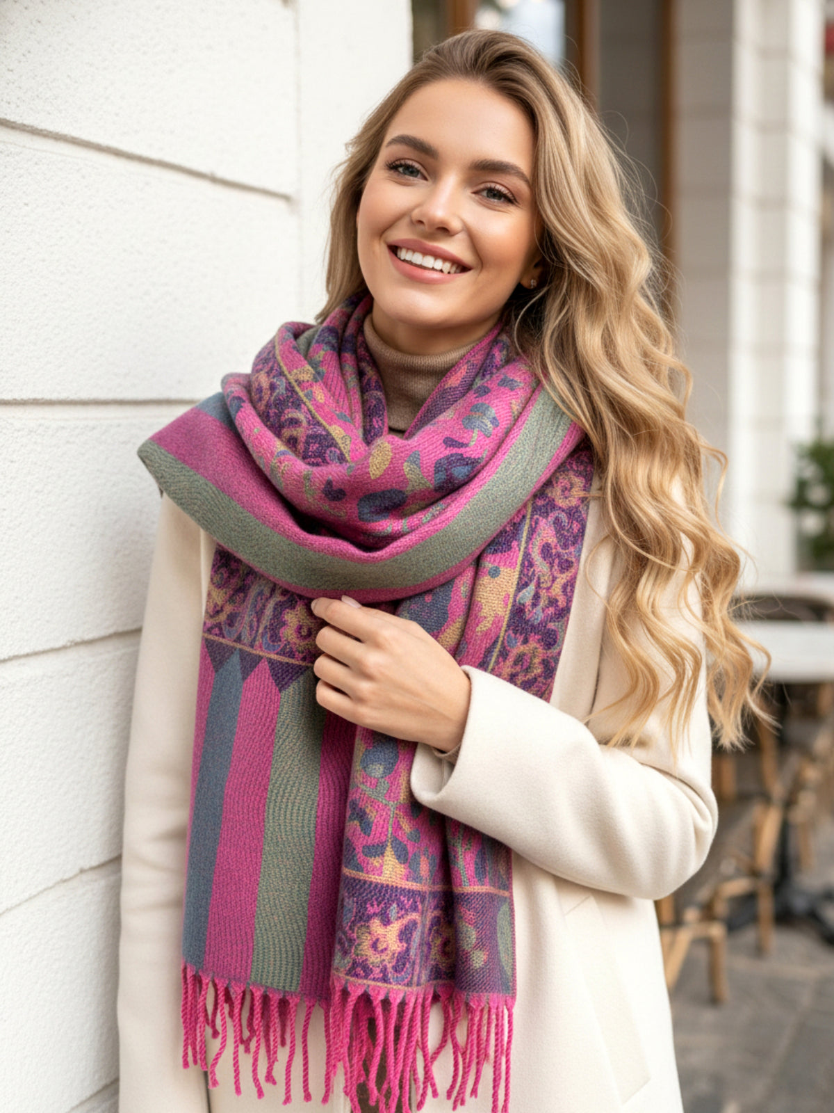 LARGE FUCHSIA PINK REVERSIBLE STRIPED PAISLEY WINTER SHAWL BLANKET SCARF