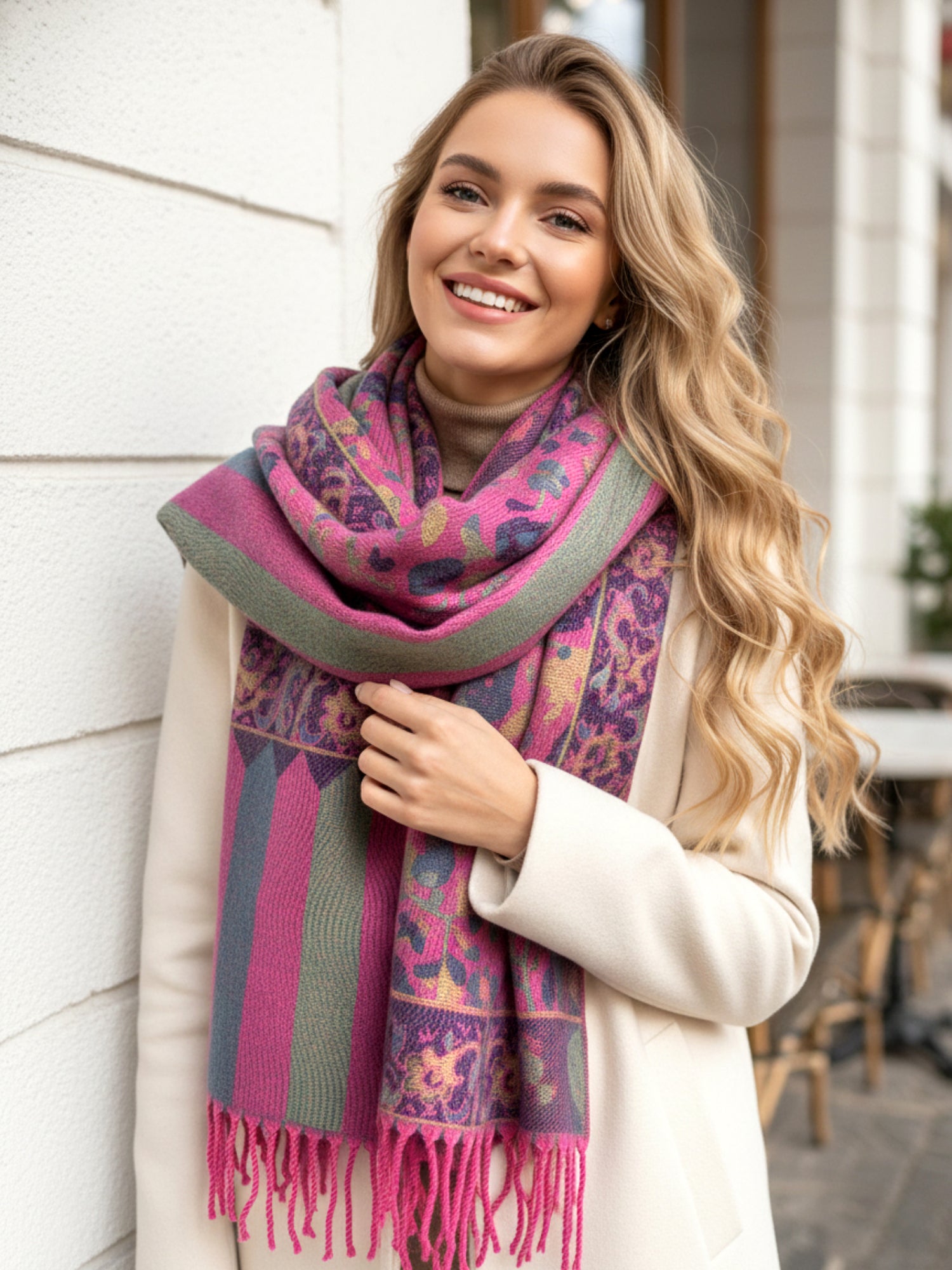 LARGE FUCHSIA PINK REVERSIBLE STRIPED PAISLEY WINTER SHAWL BLANKET SCARF - A-SHU.CO.UK