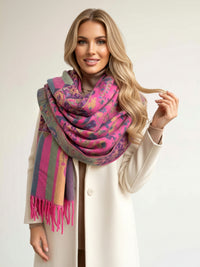 LARGE FUCHSIA PINK REVERSIBLE STRIPED PAISLEY WINTER SHAWL BLANKET SCARF - A-SHU.CO.UK