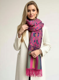 LARGE FUCHSIA PINK REVERSIBLE STRIPED PAISLEY WINTER SHAWL BLANKET SCARF - A-SHU.CO.UK