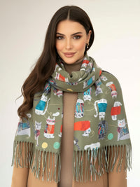 OLIVE GREEN QUIRKY CAT PRINT LONG LIGHTWEIGHT SCARF