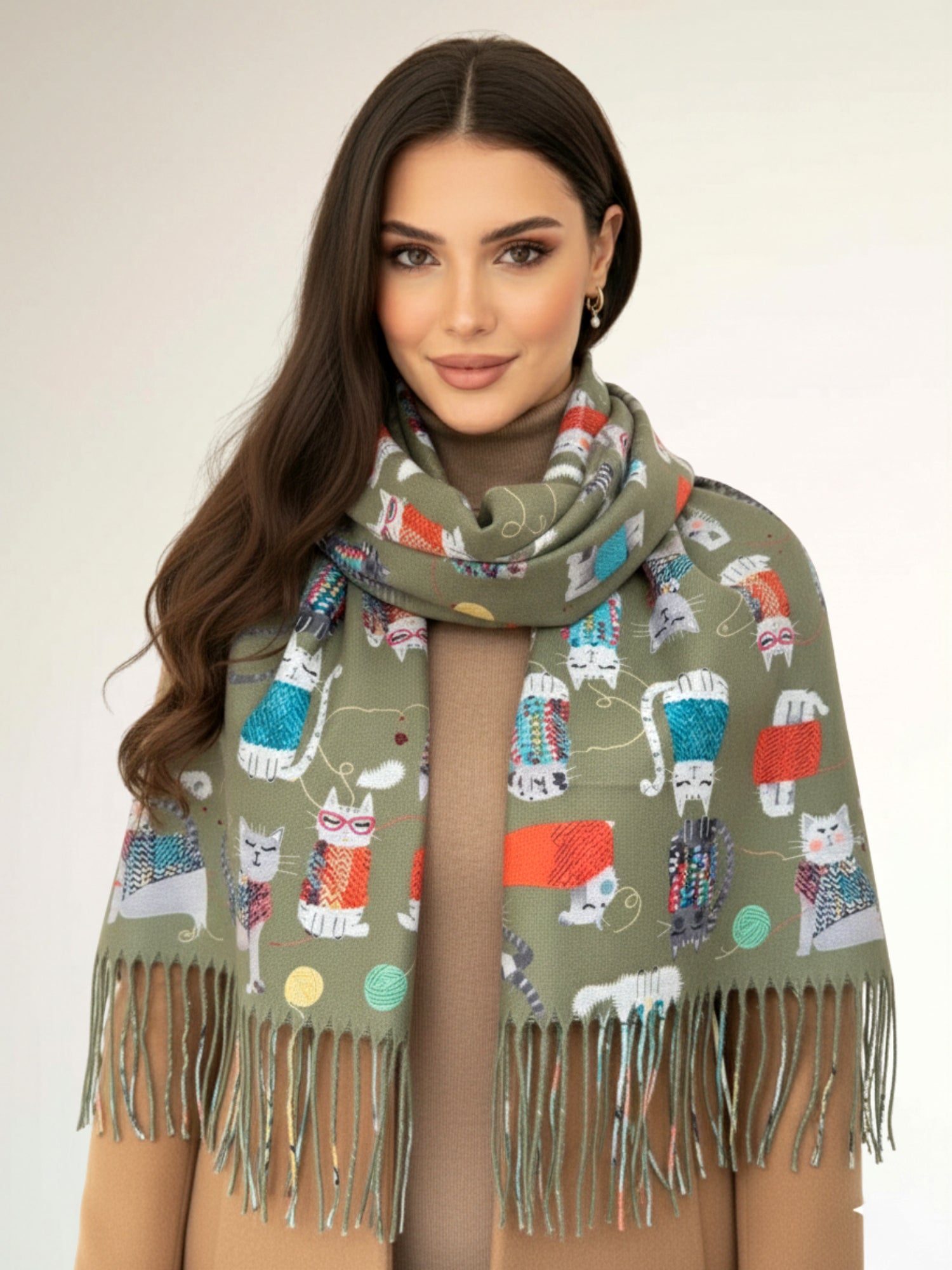OLIVE GREEN QUIRKY CAT PRINT LONG LIGHTWEIGHT SCARF