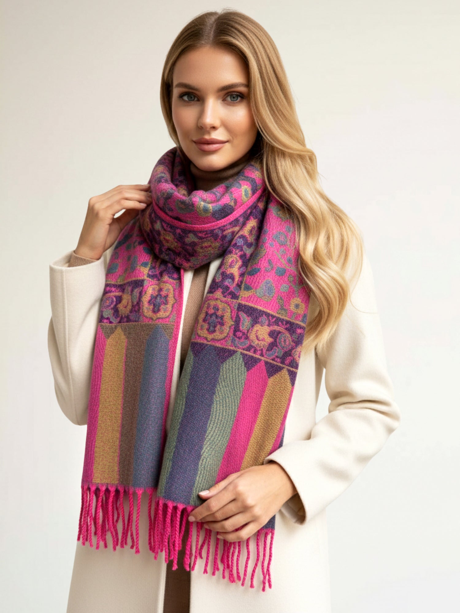 LARGE FUCHSIA PINK REVERSIBLE STRIPED PAISLEY WINTER SHAWL BLANKET SCARF - A-SHU.CO.UK