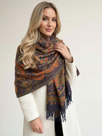 LARGE REVERSIBLE TRADITIONAL FLORAL PAISLEY WINTER SHAWL BLANKET SCARF - NAVY - A-SHU.CO.UK