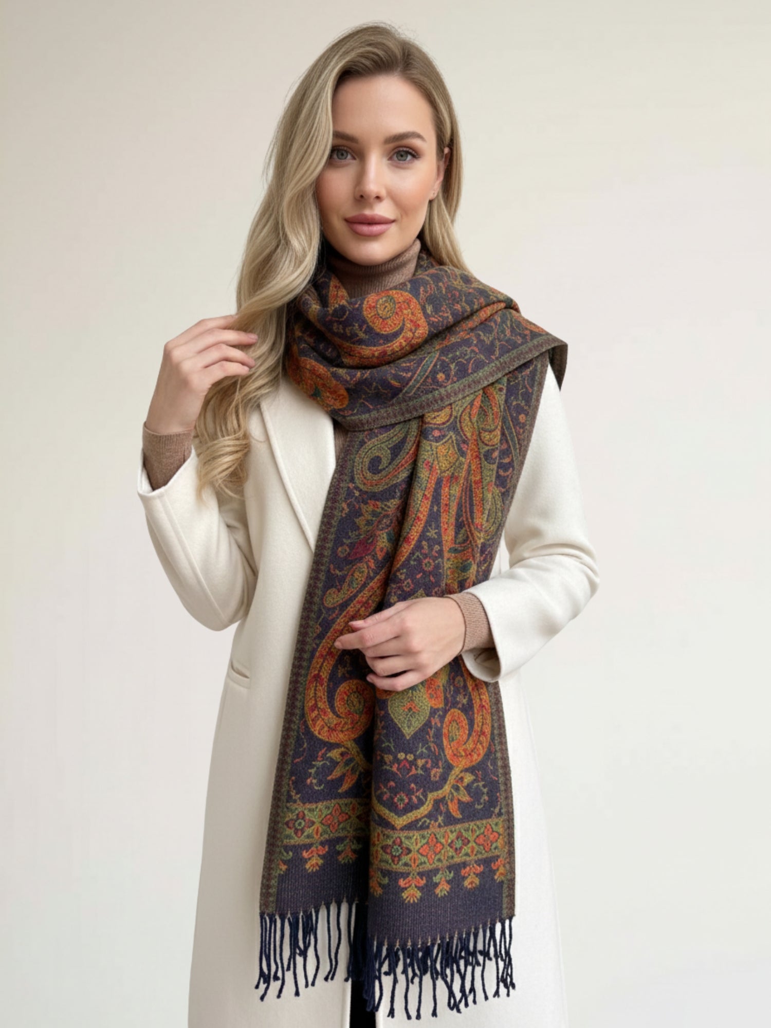 LARGE REVERSIBLE TRADITIONAL FLORAL PAISLEY WINTER SHAWL BLANKET SCARF - NAVY - A-SHU.CO.UK