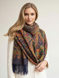 LARGE REVERSIBLE TRADITIONAL FLORAL PAISLEY WINTER SHAWL BLANKET SCARF - NAVY - A-SHU.CO.UK