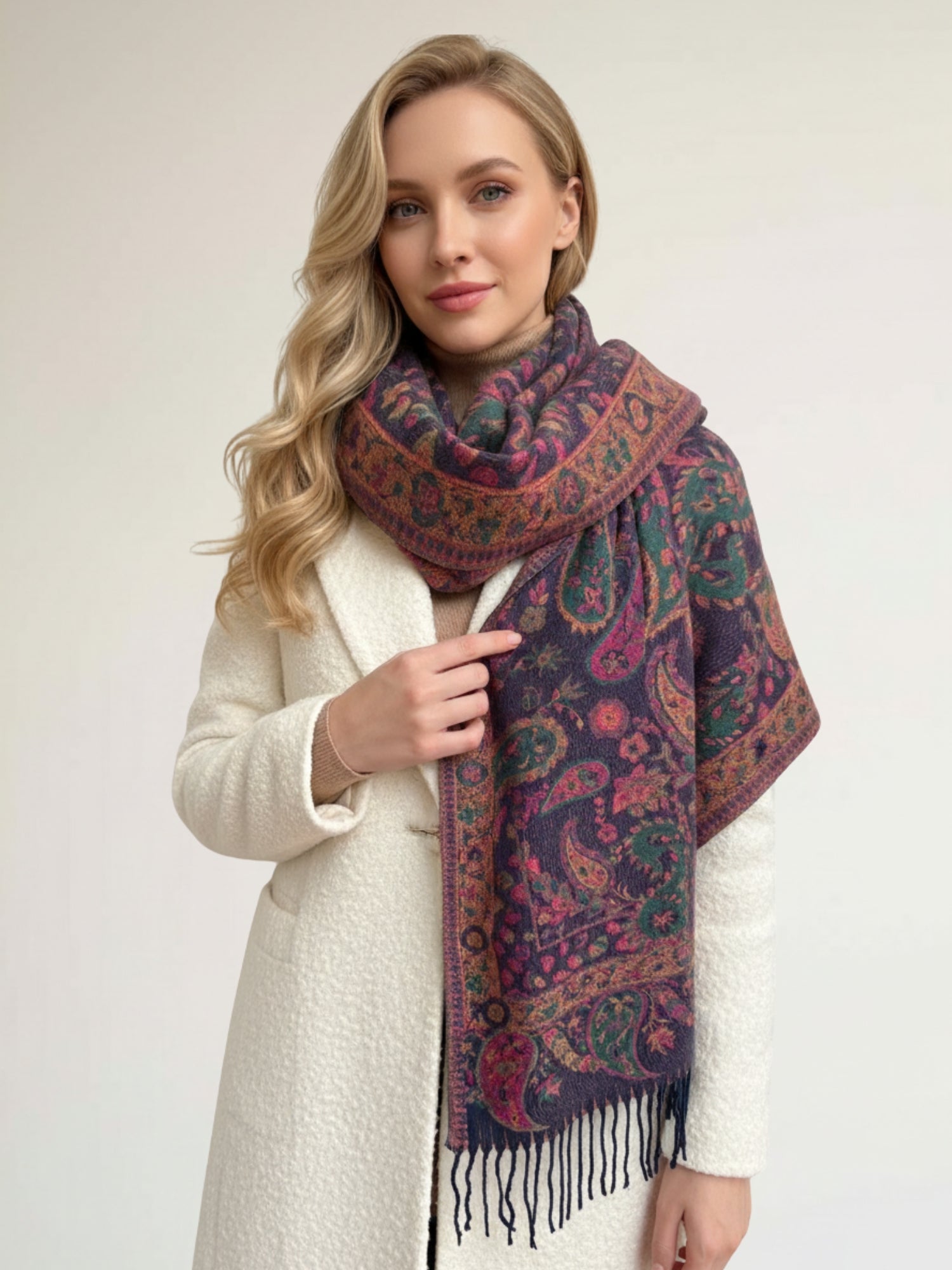 LARGE REVERSIBLE TRADITIONAL FLORAL PAISLEY WINTER SHAWL BLANKET SCARF - PURPLE - A-SHU.CO.UK