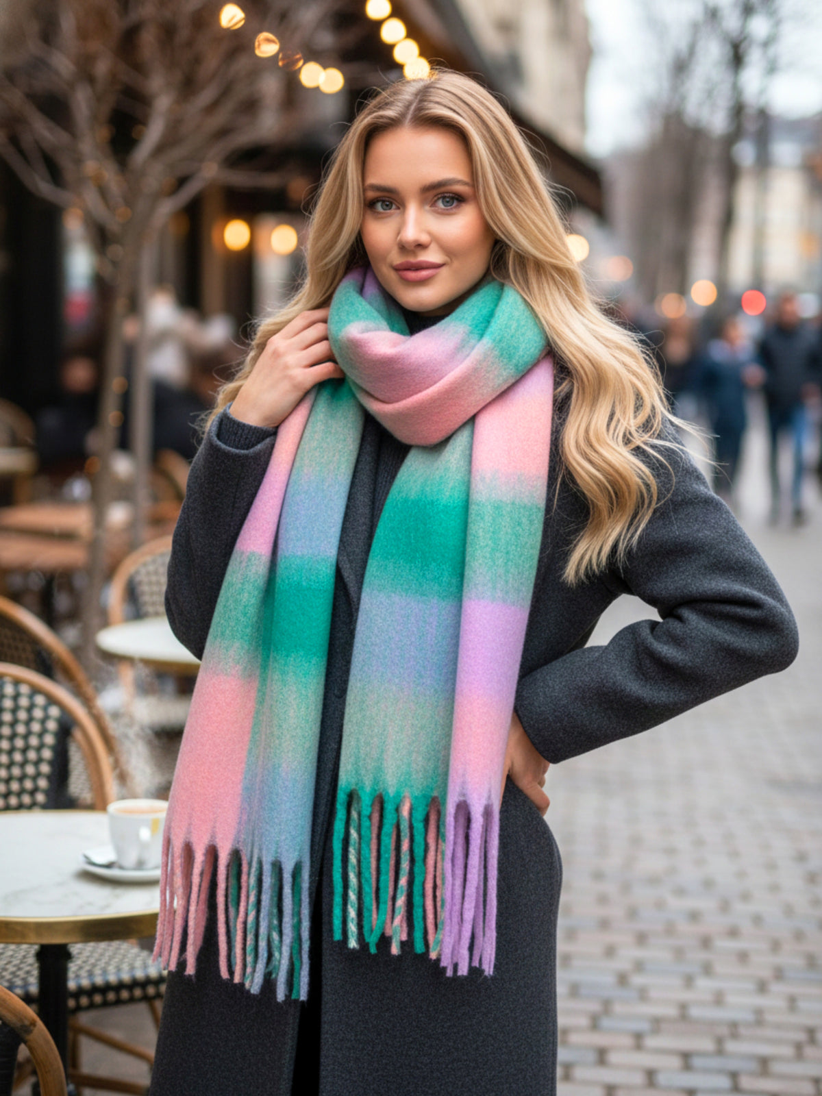 GREEN CHECKED WOOL RAINBOW BLANKET SCARF OVERSIZED WINTER SHAWL WRAP