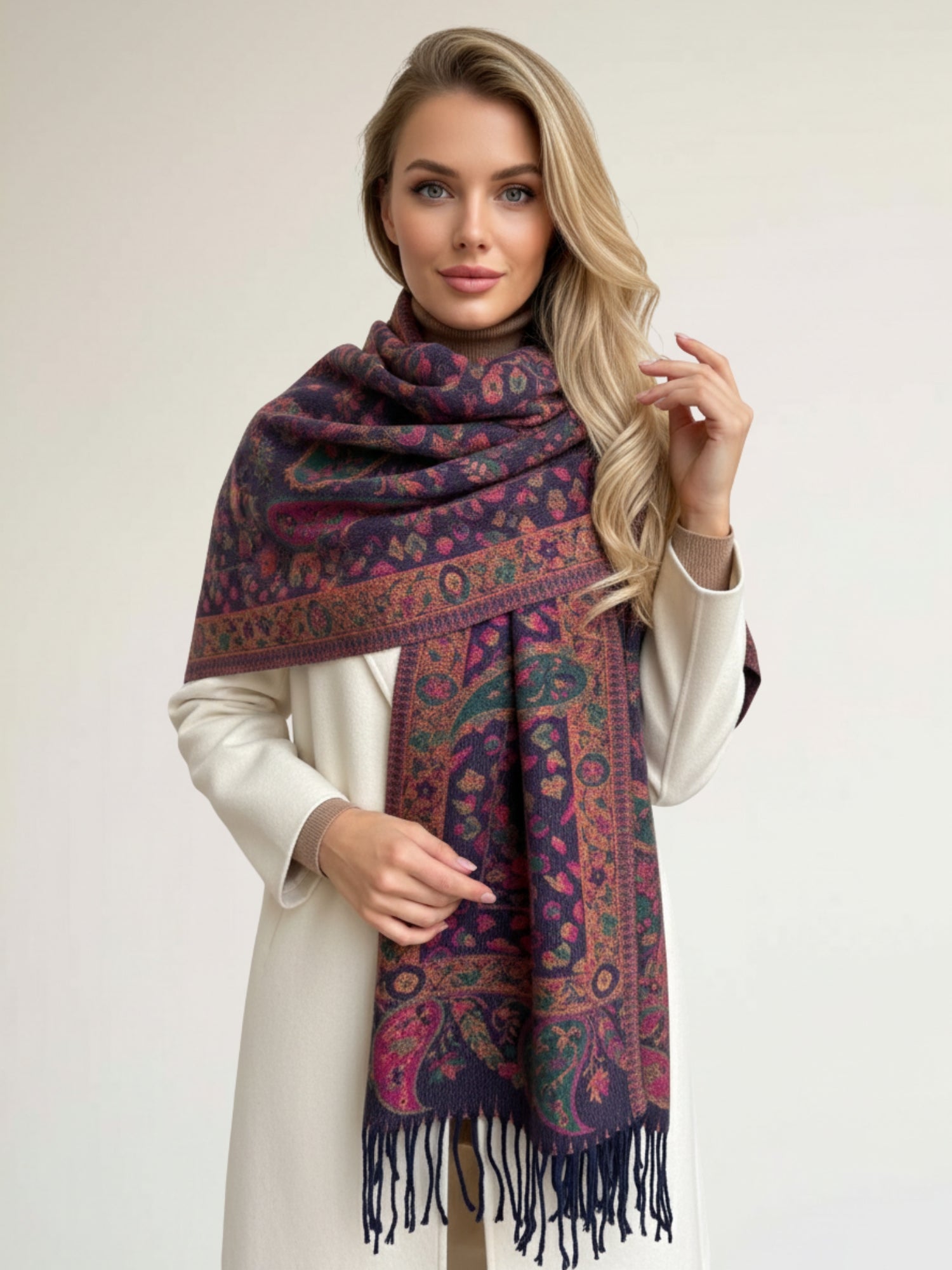 LARGE REVERSIBLE TRADITIONAL FLORAL PAISLEY WINTER SHAWL BLANKET SCARF - PURPLE - A-SHU.CO.UK
