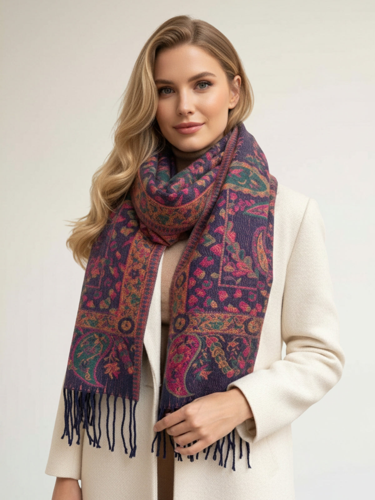 LARGE REVERSIBLE TRADITIONAL FLORAL PAISLEY WINTER SHAWL BLANKET SCARF - PURPLE - A-SHU.CO.UK