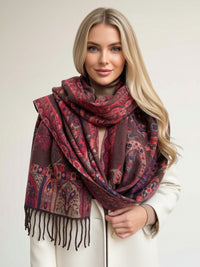 LARGE REVERSIBLE TRADITIONAL PAISLEY WINTER SHAWL BLANKET SCARF - BROWN - A-SHU.CO.UK
