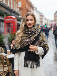 LARGE BLACK PAISLEY CASHMERE COTTON BLEND WINTER SHAWL BLANKET SCARF