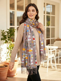 TAUPE BEIGE QUIRKY CAT PRINT LONG LIGHTWEIGHT SCARF