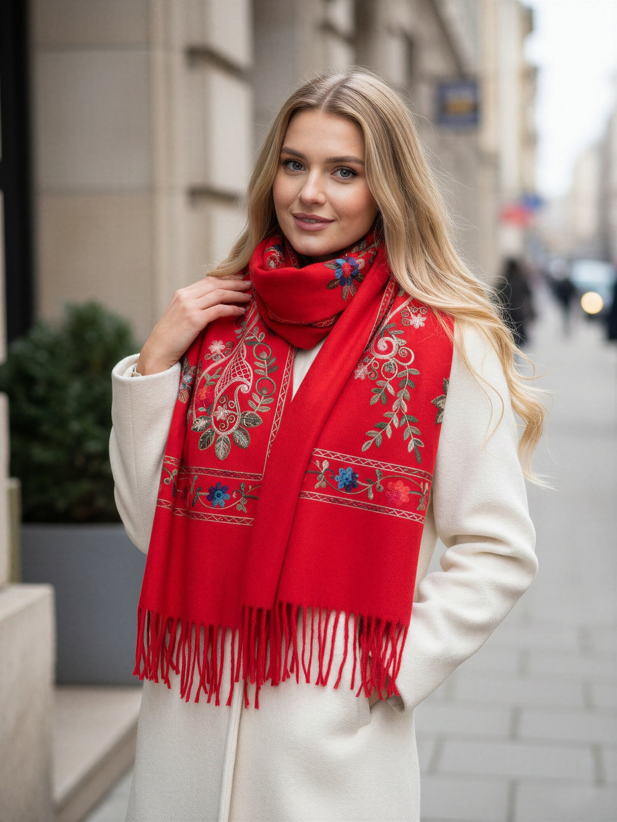 LARGE RED FLORAL CASHMERE COTTON BLEND WINTER SHAWL BLANKET SCARF