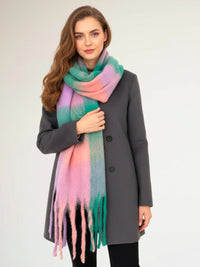 GREEN CHECKED WOOL RAINBOW BLANKET SCARF OVERSIZED WINTER SHAWL WRAP