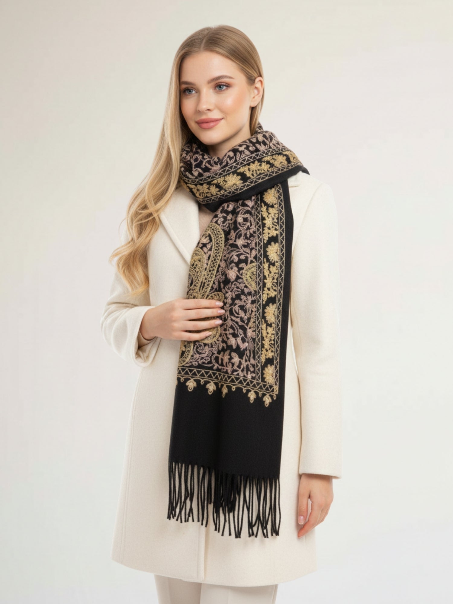 LARGE BLACK PAISLEY CASHMERE COTTON BLEND WINTER SHAWL BLANKET SCARF