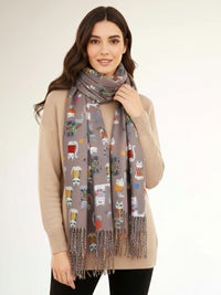 TAUPE BEIGE QUIRKY CAT PRINT LONG LIGHTWEIGHT SCARF