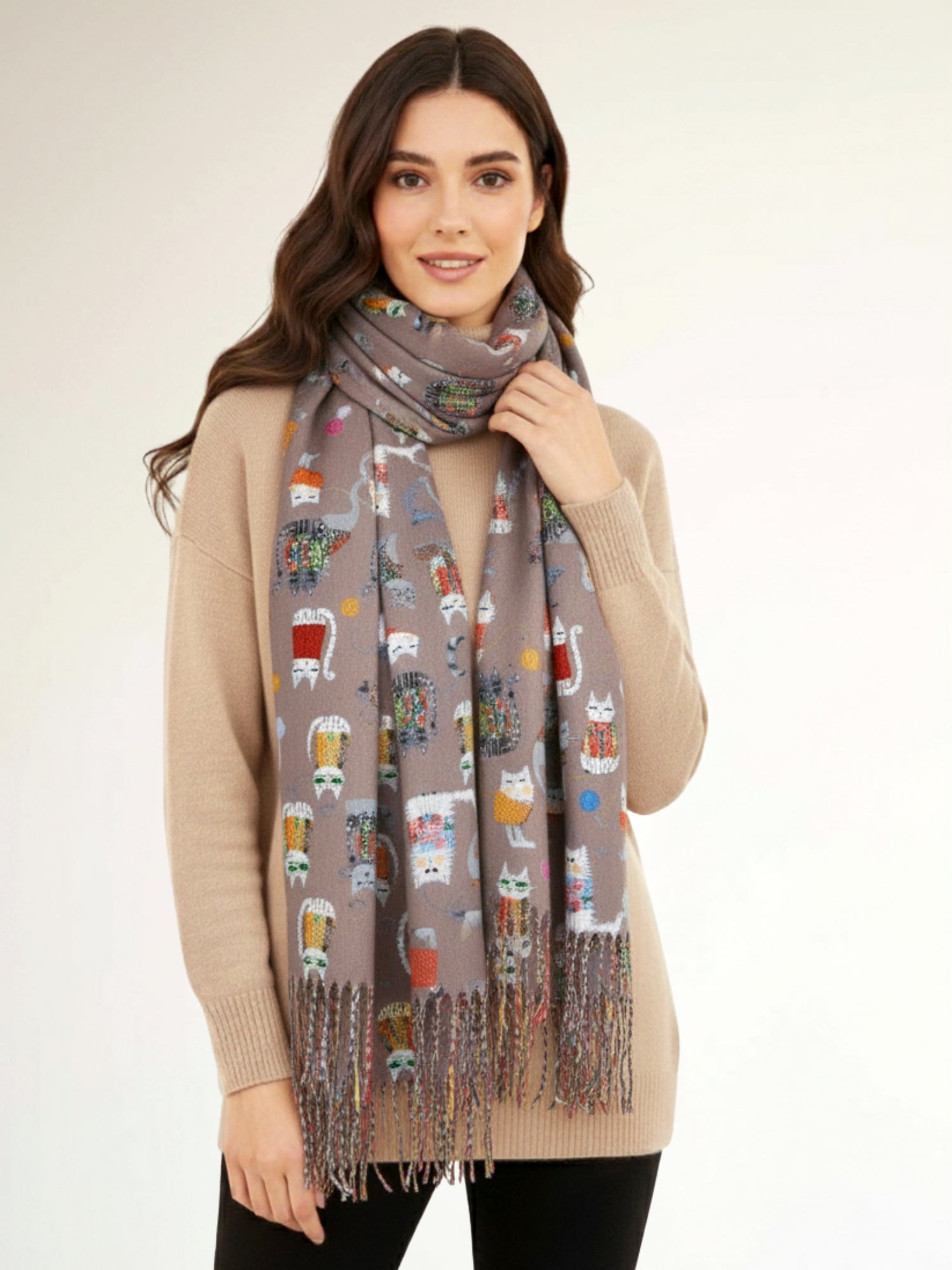 TAUPE BEIGE QUIRKY CAT PRINT LONG LIGHTWEIGHT SCARF