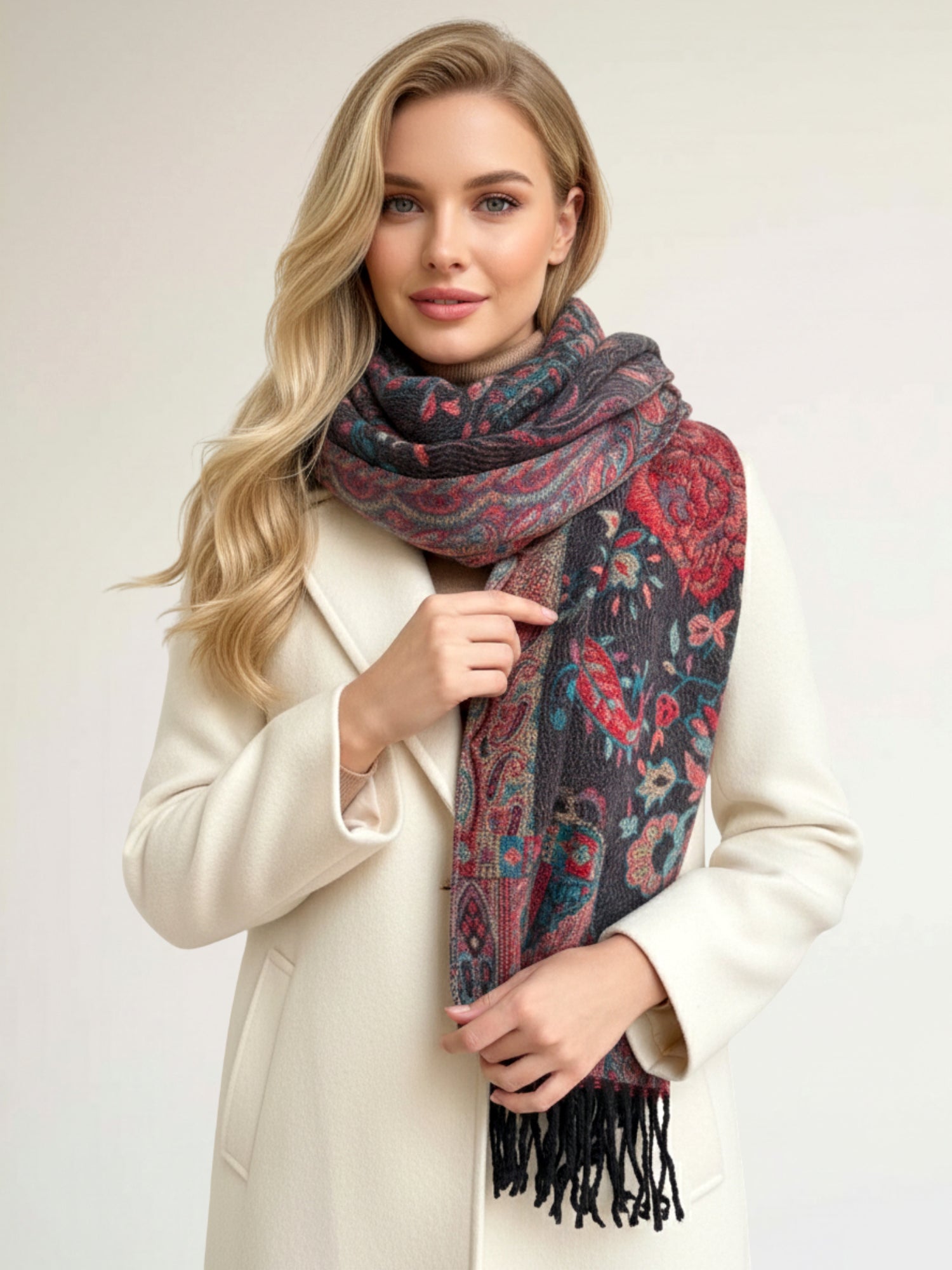 LARGE REVERSIBLE TRADITIONAL PAISLEY WINTER SHAWL BLANKET SCARF - BLACK - A-SHU.CO.UK