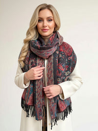 LARGE REVERSIBLE TRADITIONAL PAISLEY WINTER SHAWL BLANKET SCARF - BLACK - A-SHU.CO.UK