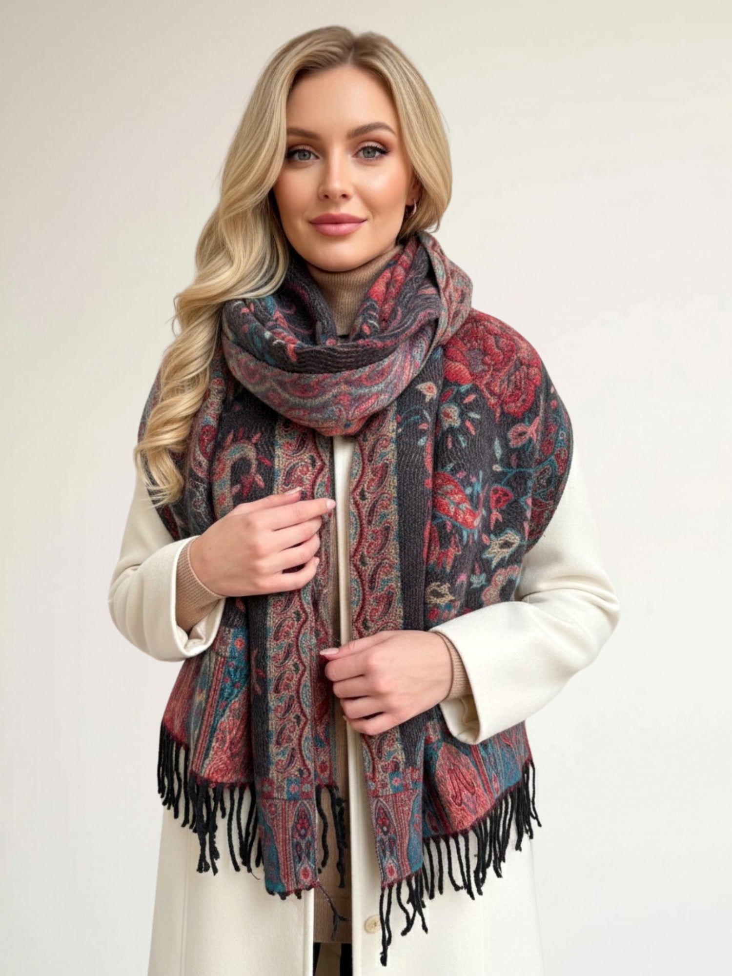LARGE REVERSIBLE TRADITIONAL PAISLEY WINTER SHAWL BLANKET SCARF - BLACK - A-SHU.CO.UK