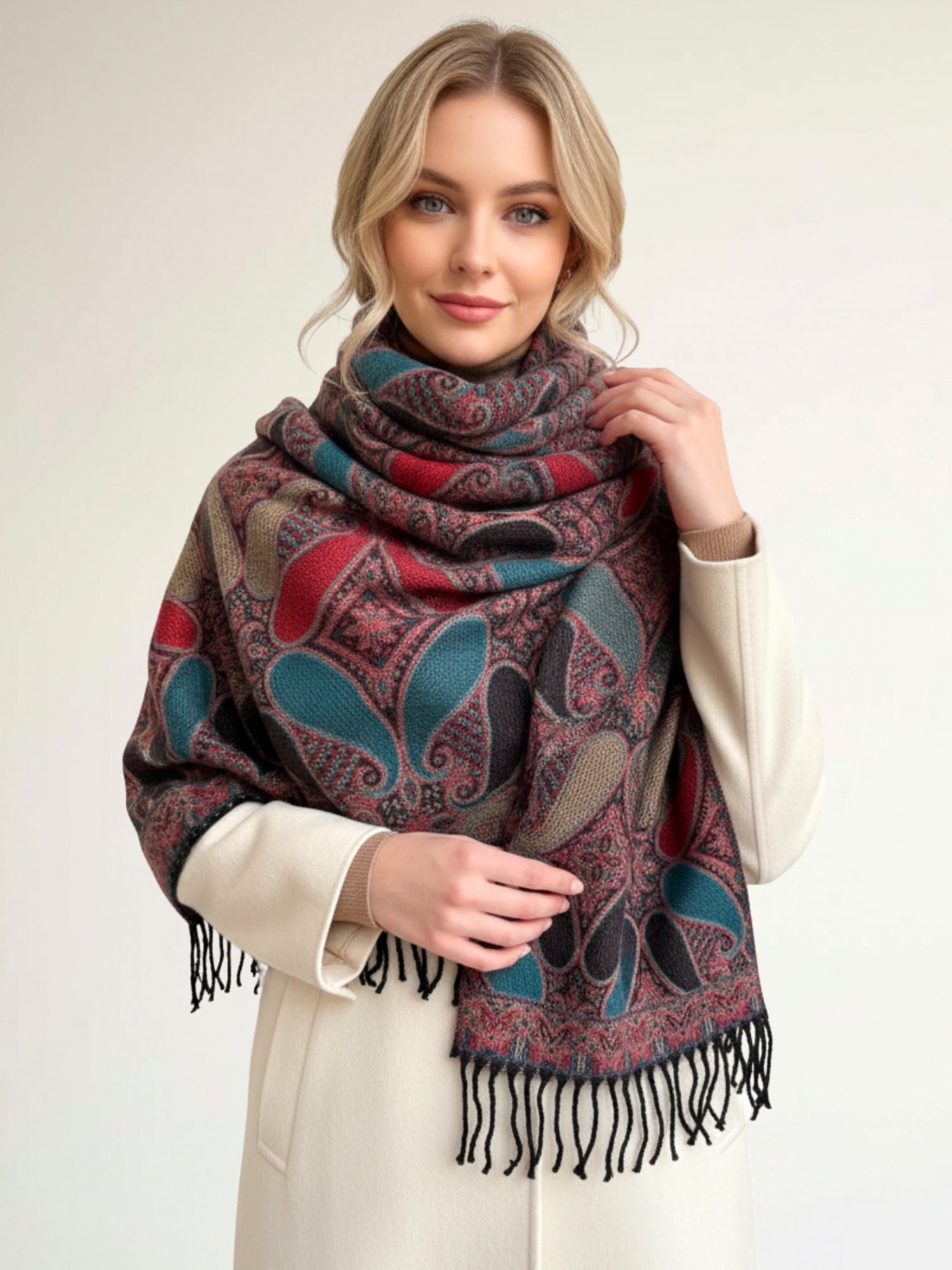 LARGE REVERSIBLE TRADITIONAL PAISLEY WINTER SHAWL BLANKET SCARF - TEAL - A-SHU.CO.UK