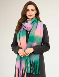 GREEN CHECKED WOOL RAINBOW BLANKET SCARF OVERSIZED WINTER SHAWL WRAP