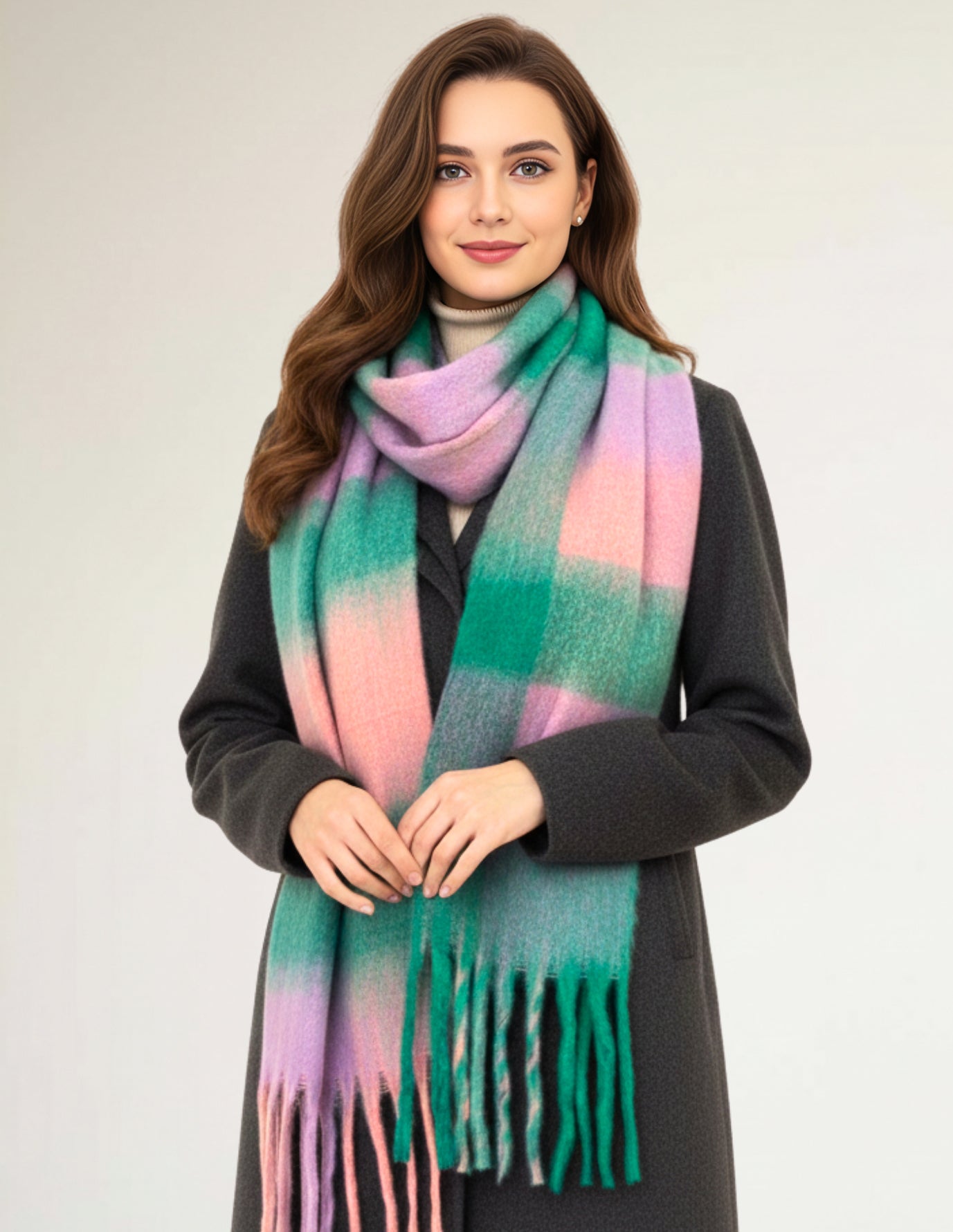 GREEN CHECKED WOOL RAINBOW BLANKET SCARF OVERSIZED WINTER SHAWL WRAP