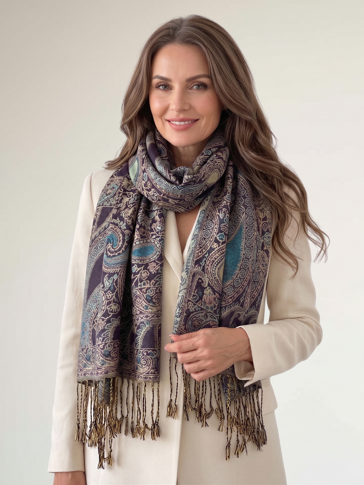 LARGE PURPLE MULTI COLOUR PAISLEY PRINT PASHMINA SHAWL SCARF - A-SHU.CO.UK