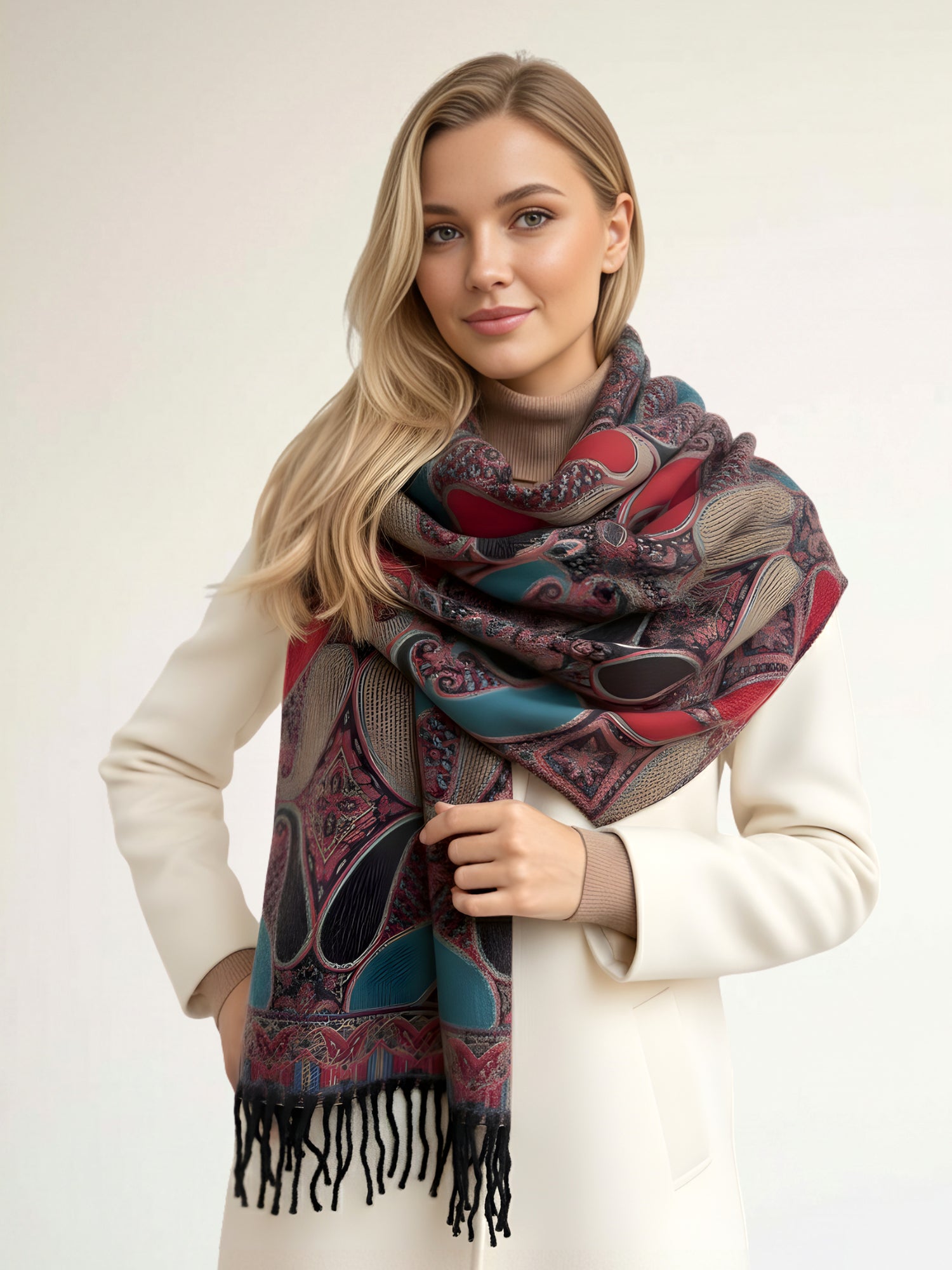 LARGE REVERSIBLE TRADITIONAL PAISLEY WINTER SHAWL BLANKET SCARF - TEAL - A-SHU.CO.UK