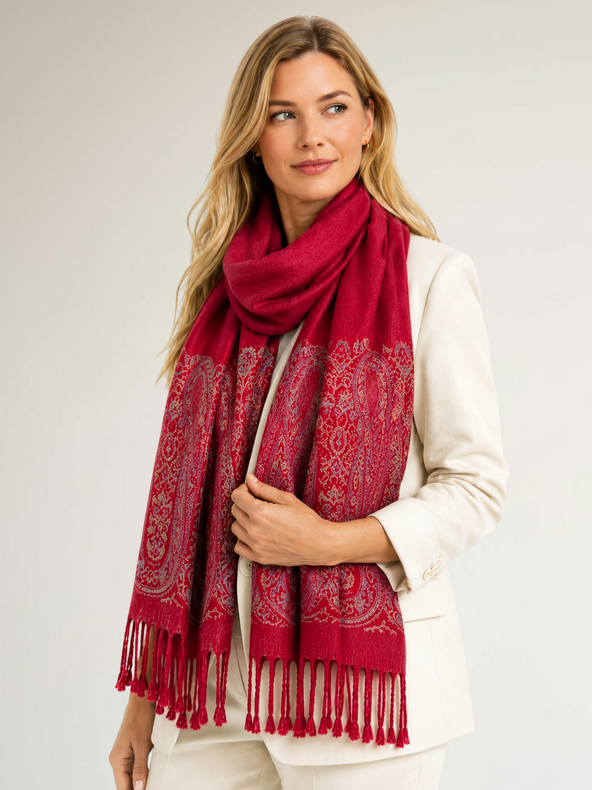 PAISLEY PRINT RED LIGHTWEIGHT PASHMINA SHAWL SCARF - A-SHU.CO.UK