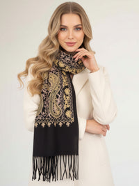 LARGE BLACK PAISLEY CASHMERE COTTON BLEND WINTER SHAWL BLANKET SCARF