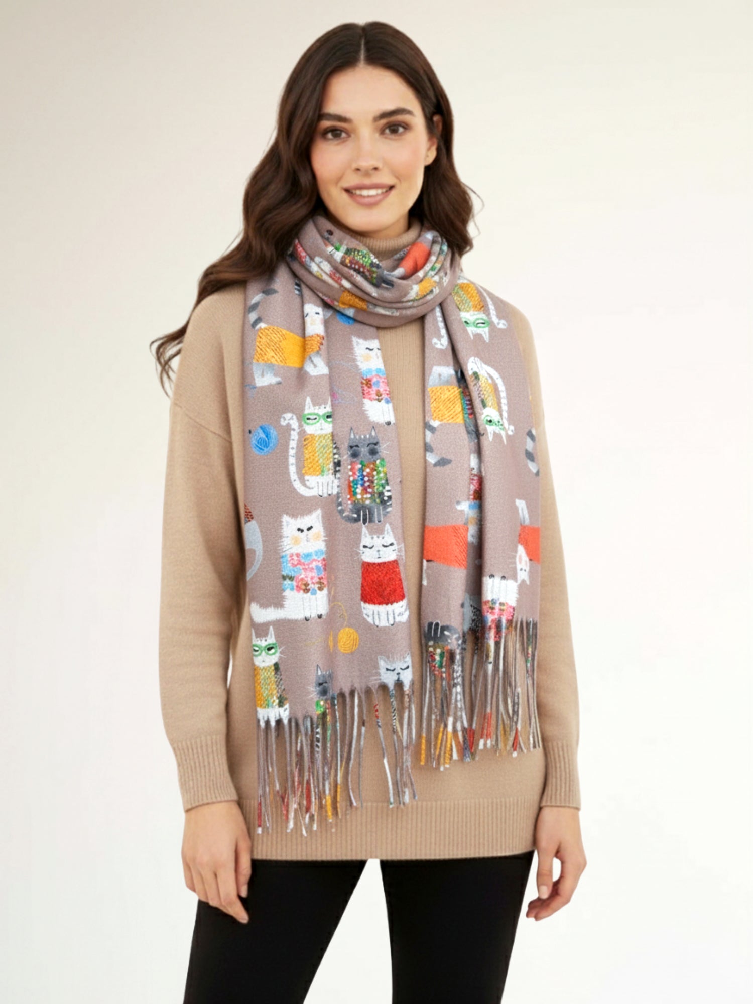 TAUPE BEIGE QUIRKY CAT PRINT LONG LIGHTWEIGHT SCARF