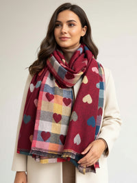 LARGE CHECKED HEART PRINT REVERSIBLE WINTER SHAWL BLANKET SCARF - RED
