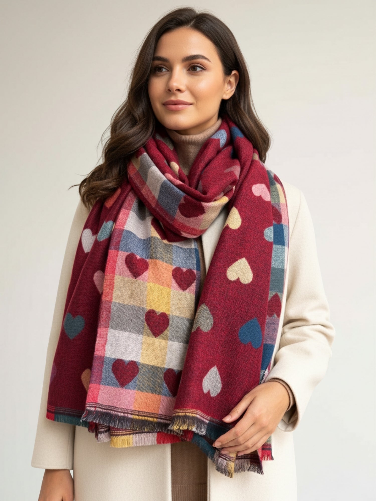 LARGE CHECKED HEART PRINT REVERSIBLE WINTER SHAWL BLANKET SCARF - RED